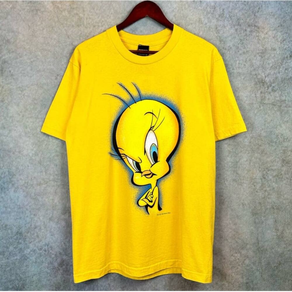 Vintage Tweety Bird Big Print T Shirt 90s Mens Sz L Yellow Looney Tunes Cartoon